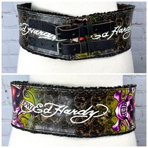 NWOT |•ED HARDY•| Wide Double Buckle Women Leather Belt Waist 27.5-32.5"